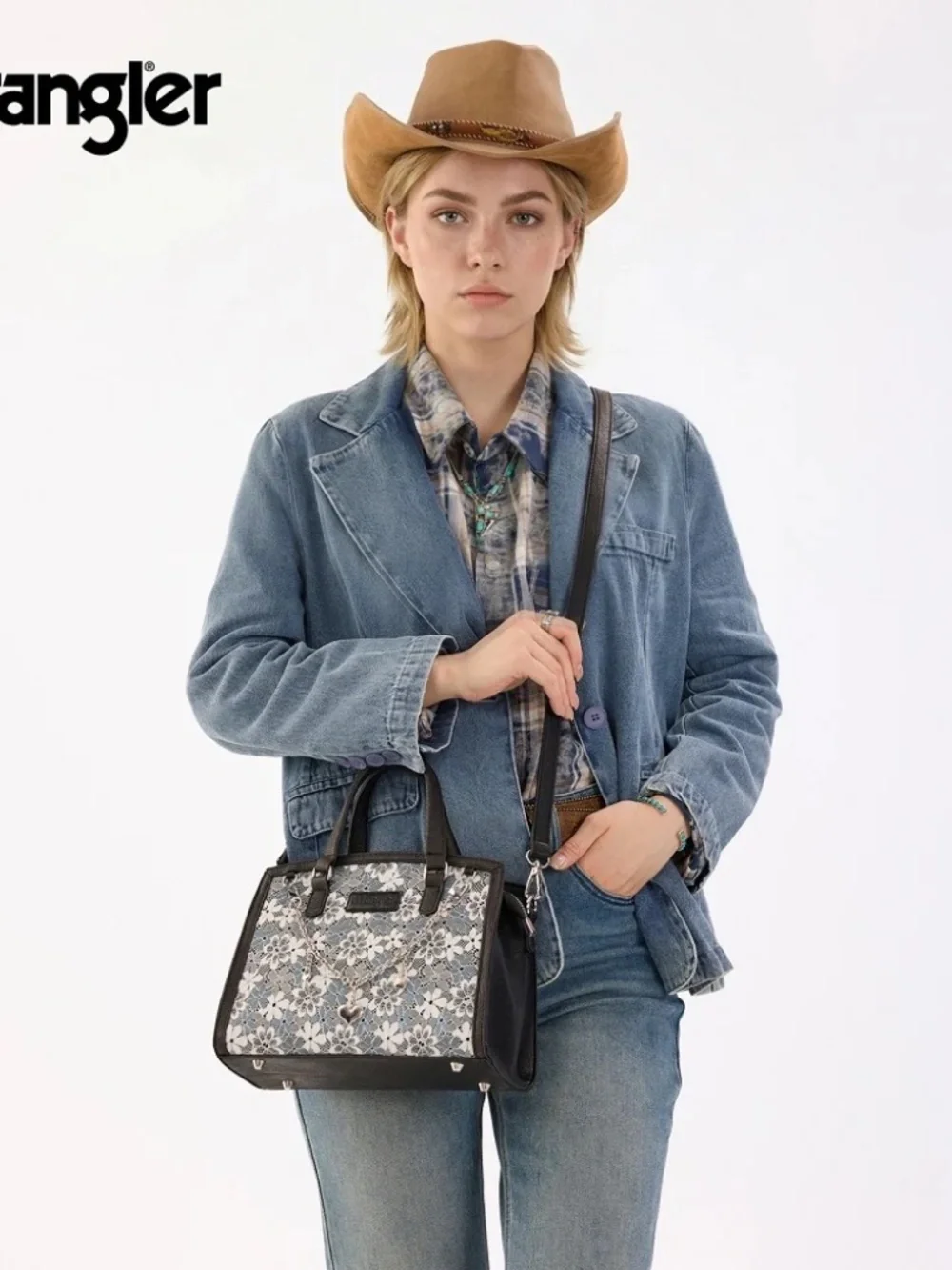 Wrangler Western Chic Lace with Chain Charm Satchel/Crossbody Bag Black